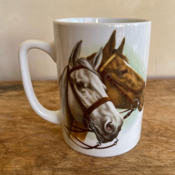 HORSE EQUESTRIAN MUG Coffee Gray Sorrel Ponies English Western Handmade 70’s USA - Picture 1 of 9